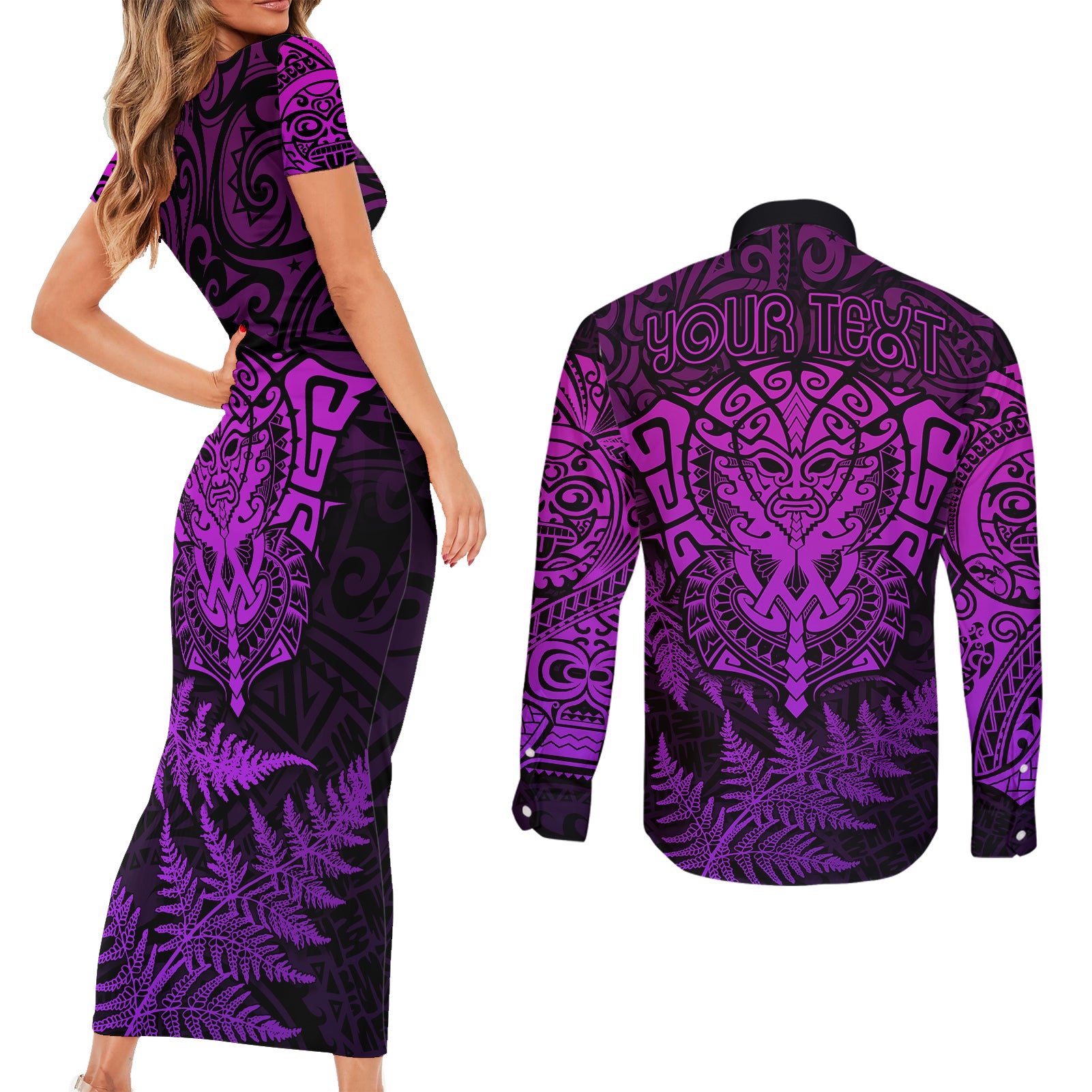 personalised-new-zealand-rugby-couples-matching-short-sleeve-bodycon-dress-and-long-sleeve-button-shirts-silver-fern-all-black-mix-ta-moko-purple-style