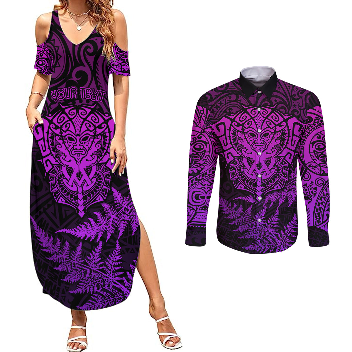 personalised-new-zealand-rugby-couples-matching-summer-maxi-dress-and-long-sleeve-button-shirts-silver-fern-all-black-mix-ta-moko-purple-style