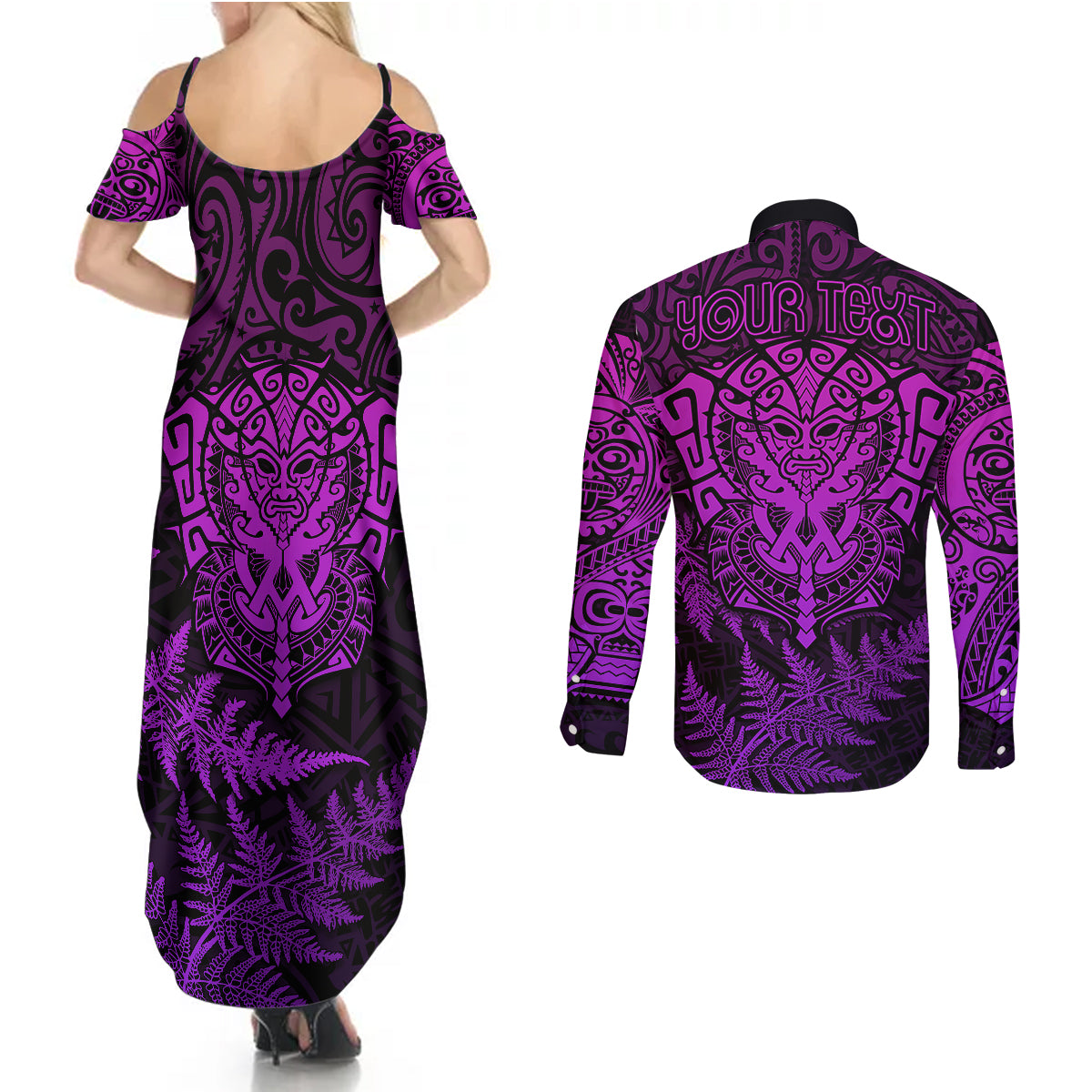 personalised-new-zealand-rugby-couples-matching-summer-maxi-dress-and-long-sleeve-button-shirts-silver-fern-all-black-mix-ta-moko-purple-style