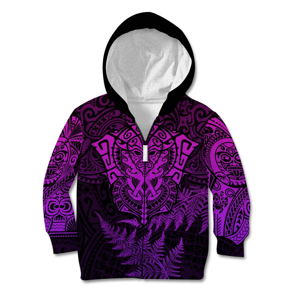 Personalised New Zealand Rugby Kid Hoodie Silver Fern All Black Mix Ta Moko Purple Style - Vibe Hoodie Shop