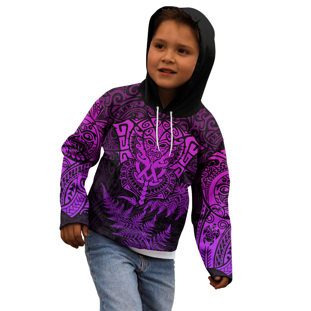 Personalised New Zealand Rugby Kid Hoodie Silver Fern All Black Mix Ta Moko Purple Style - Vibe Hoodie Shop