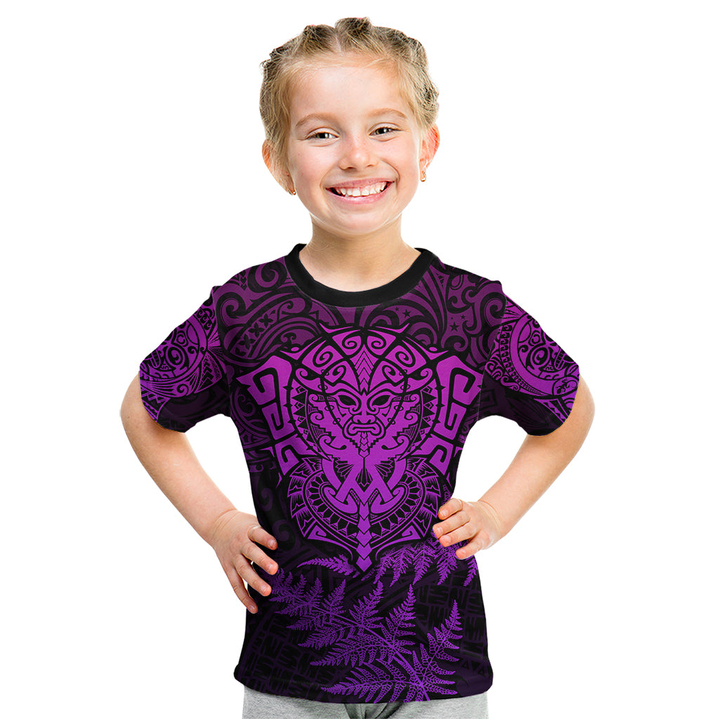 Personalised New Zealand Rugby Kid T Shirt Silver Fern All Black Mix Ta Moko Purple Style - Vibe Hoodie Shop