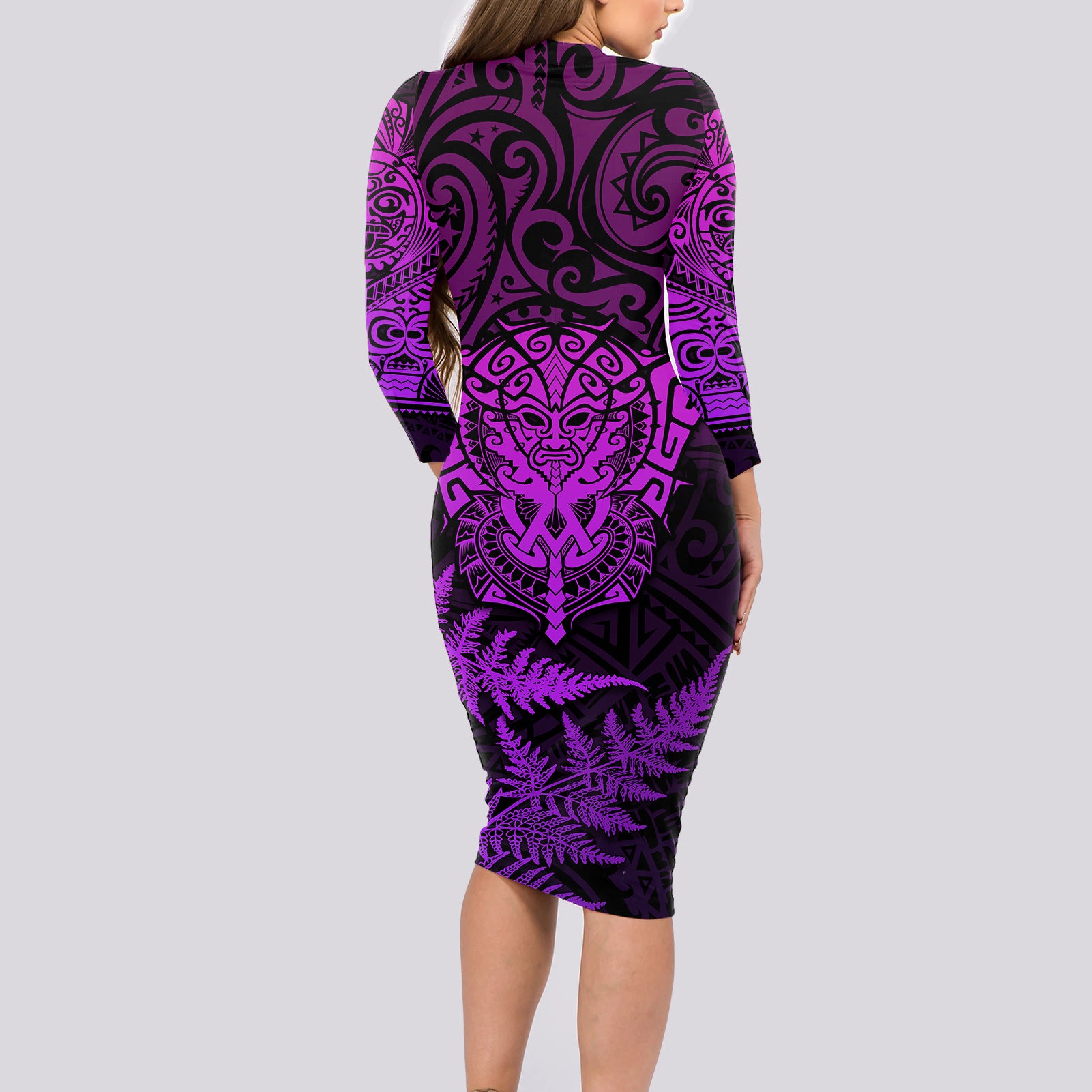 personalised-new-zealand-rugby-long-sleeve-bodycon-dress-silver-fern-all-black-mix-ta-moko-purple-style