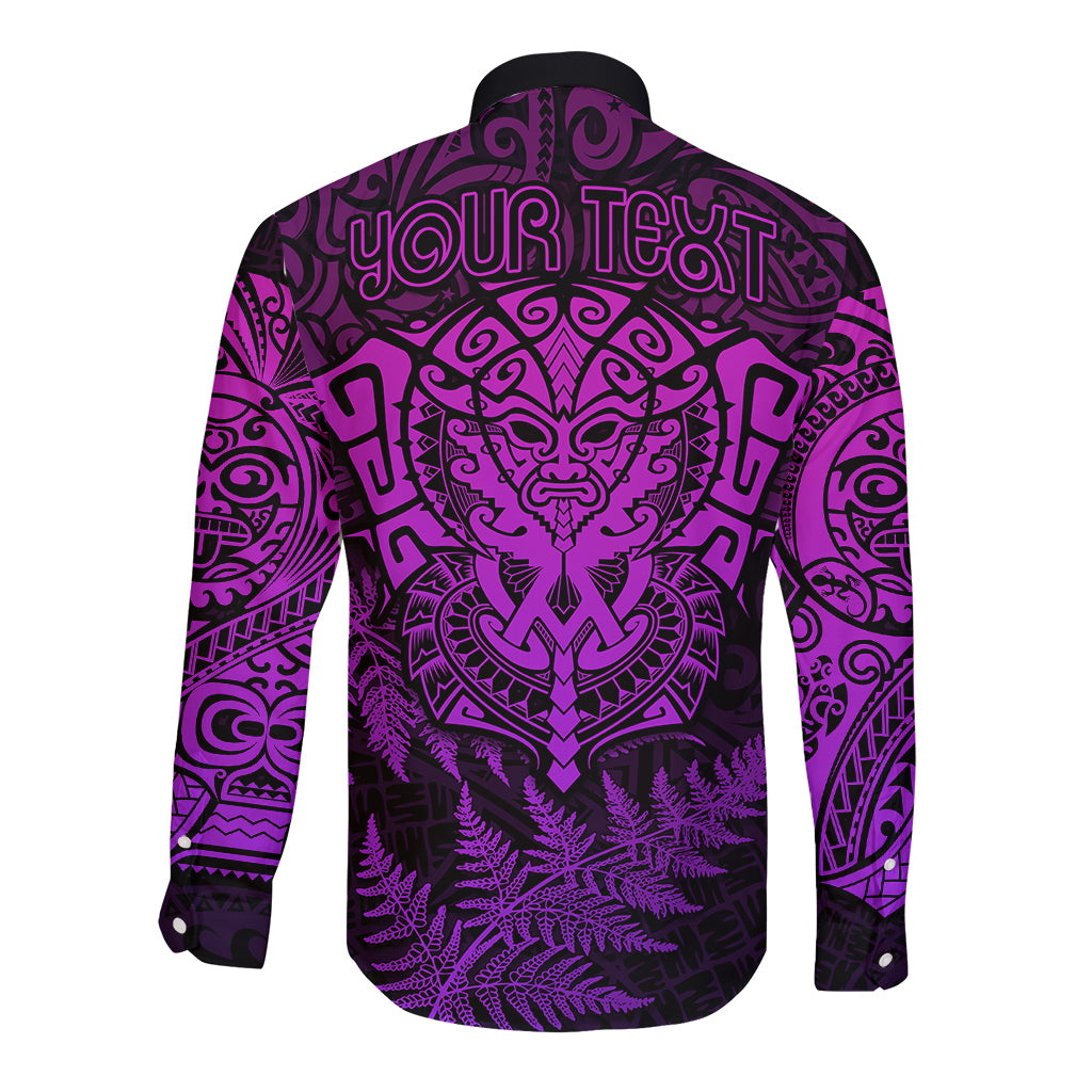 Personalised New Zealand Rugby Long Sleeve Button Shirt Silver Fern All Black Mix Ta Moko Purple Style - Vibe Hoodie Shop