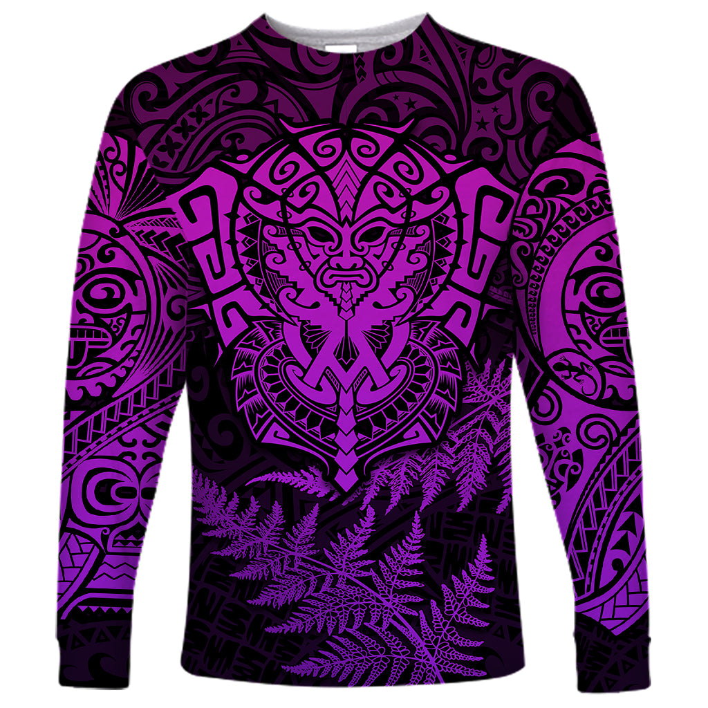 Personalised New Zealand Rugby Long Sleeve Shirt Silver Fern All Black Mix Ta Moko Purple Style - Vibe Hoodie Shop