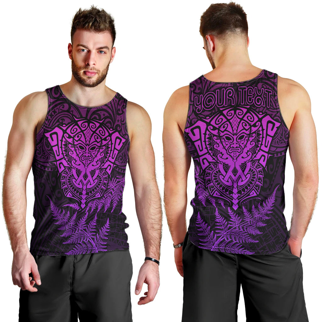 Personalised New Zealand Rugby Men Tank Top Silver Fern All Black Mix Ta Moko Purple Style - Vibe Hoodie Shop