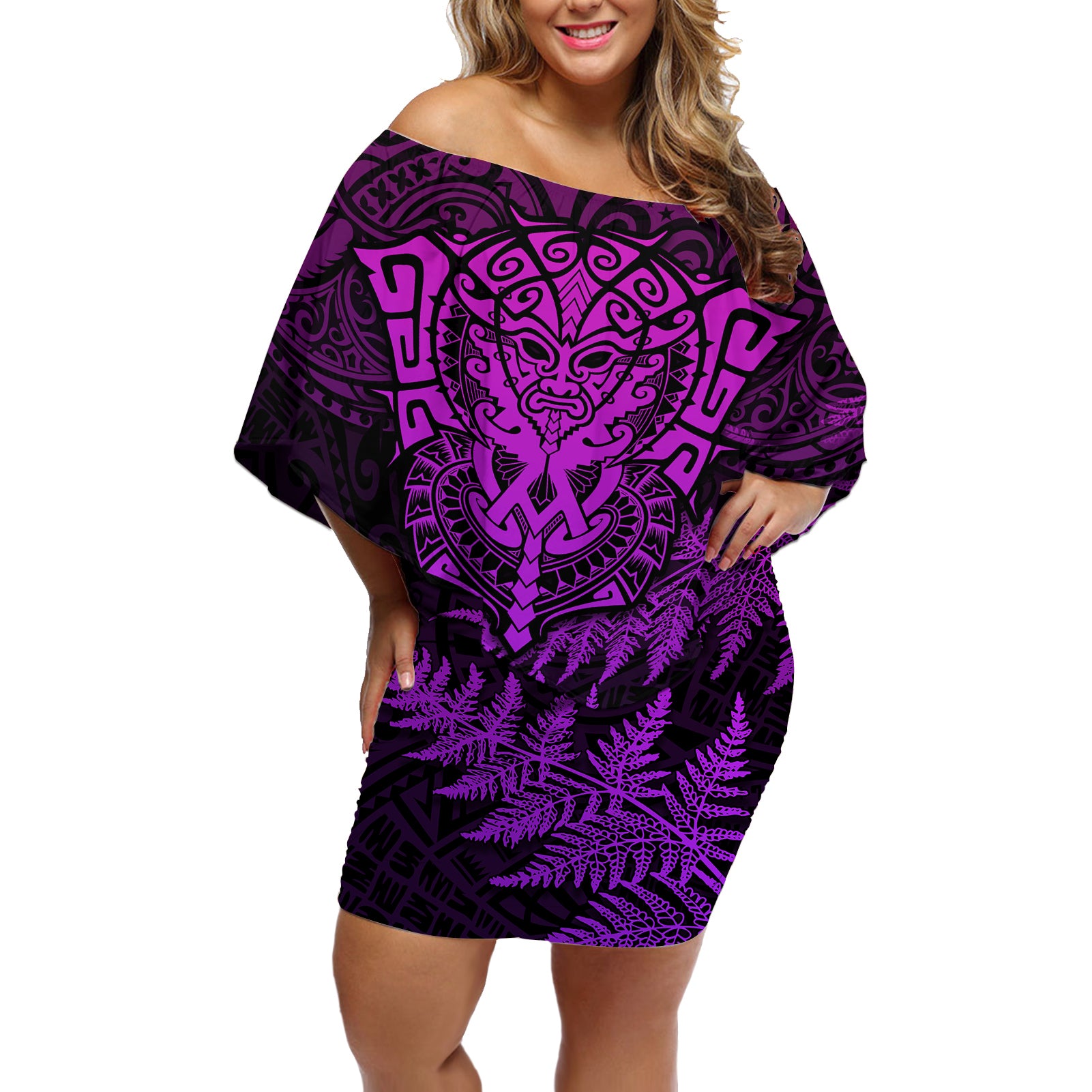 personalised-new-zealand-rugby-off-shoulder-short-dress-silver-fern-all-black-mix-ta-moko-purple-style
