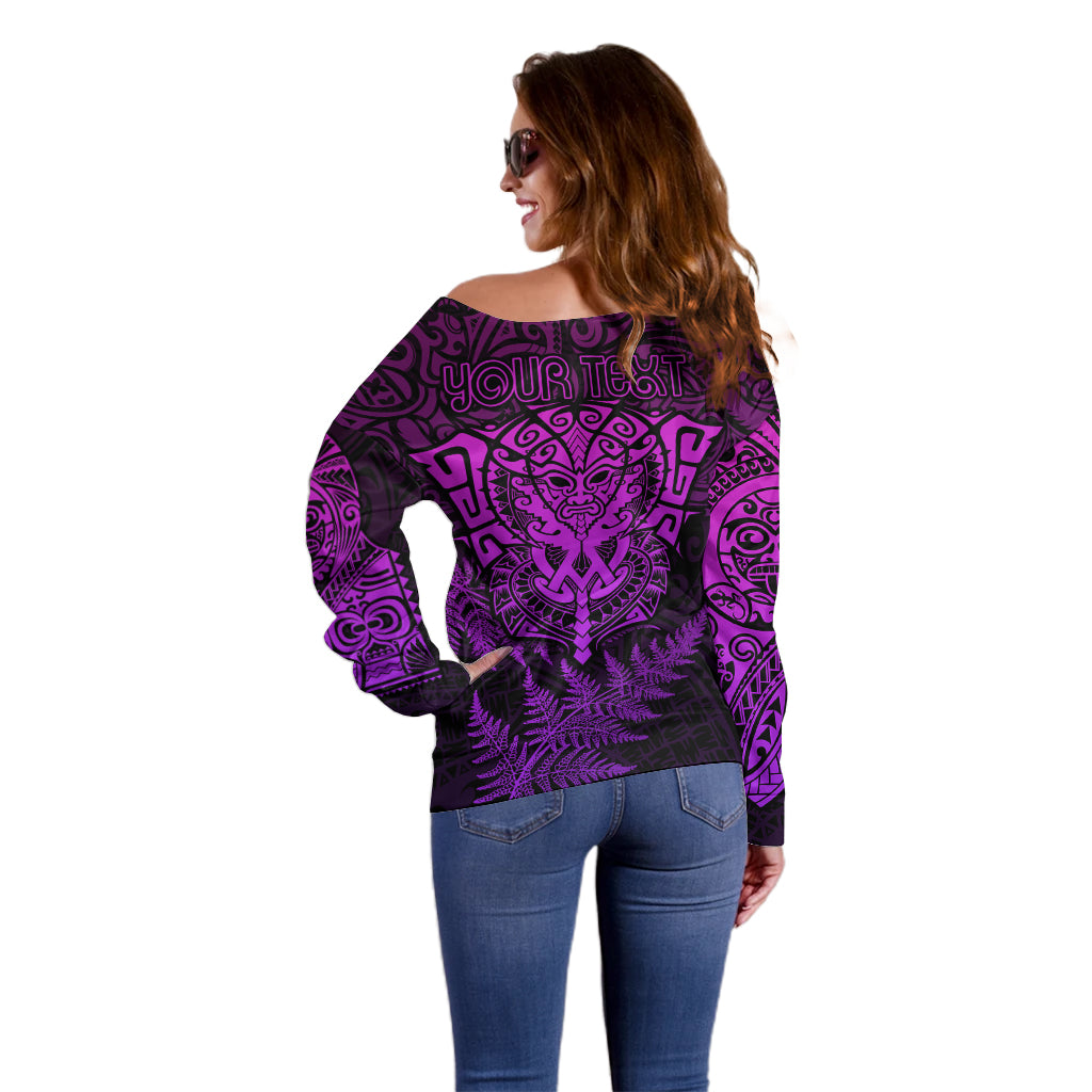 Personalised New Zealand Rugby Off Shoulder Sweater Silver Fern All Black Mix Ta Moko Purple Style - Vibe Hoodie Shop