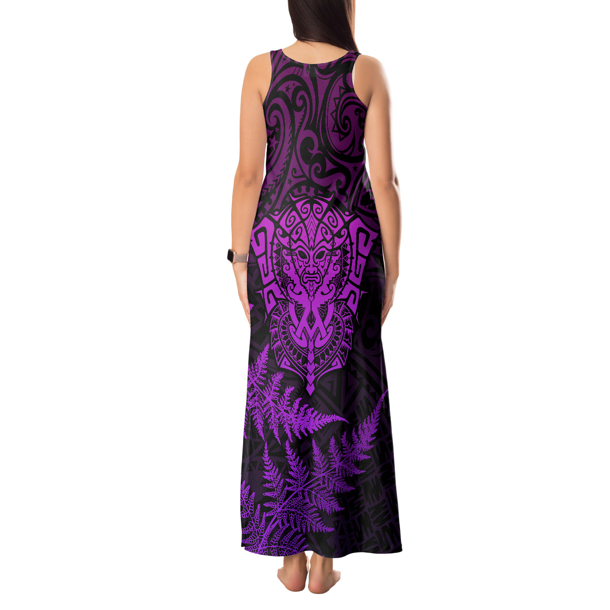 personalised-new-zealand-rugby-tank-maxi-dress-silver-fern-all-black-mix-ta-moko-purple-style