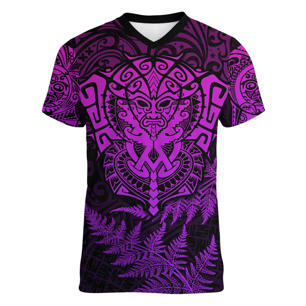 Personalised New Zealand Rugby Women V Neck T Shirt Silver Fern All Black Mix Ta Moko Purple Style - Vibe Hoodie Shop