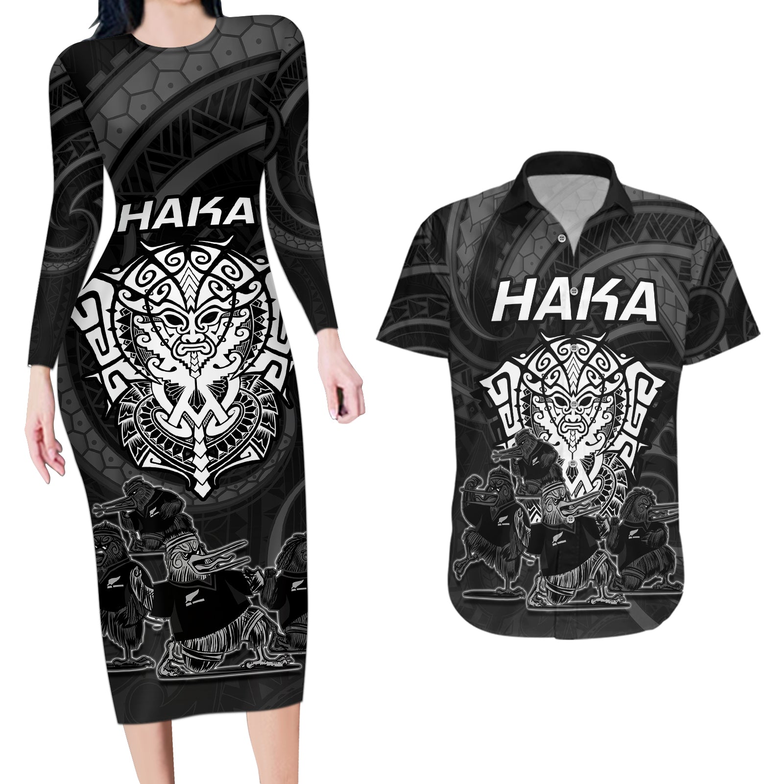 personalised-new-zealand-rugby-couples-matching-long-sleeve-bodycon-dress-and-hawaiian-shirt-aotearoa-ka-mate-haka-all-black-mix-ta-moko-white-style