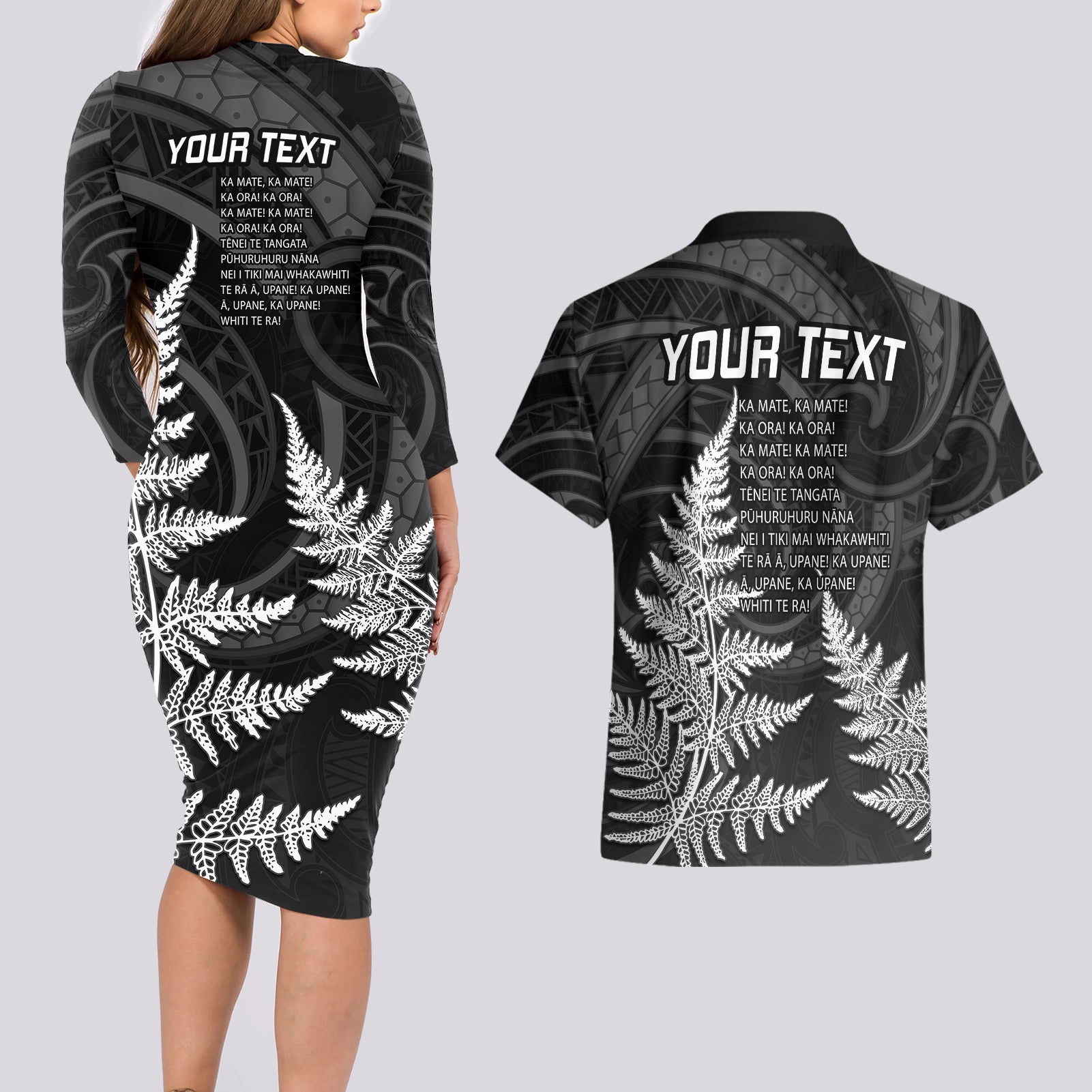 personalised-new-zealand-rugby-couples-matching-long-sleeve-bodycon-dress-and-hawaiian-shirt-aotearoa-ka-mate-haka-all-black-mix-ta-moko-white-style