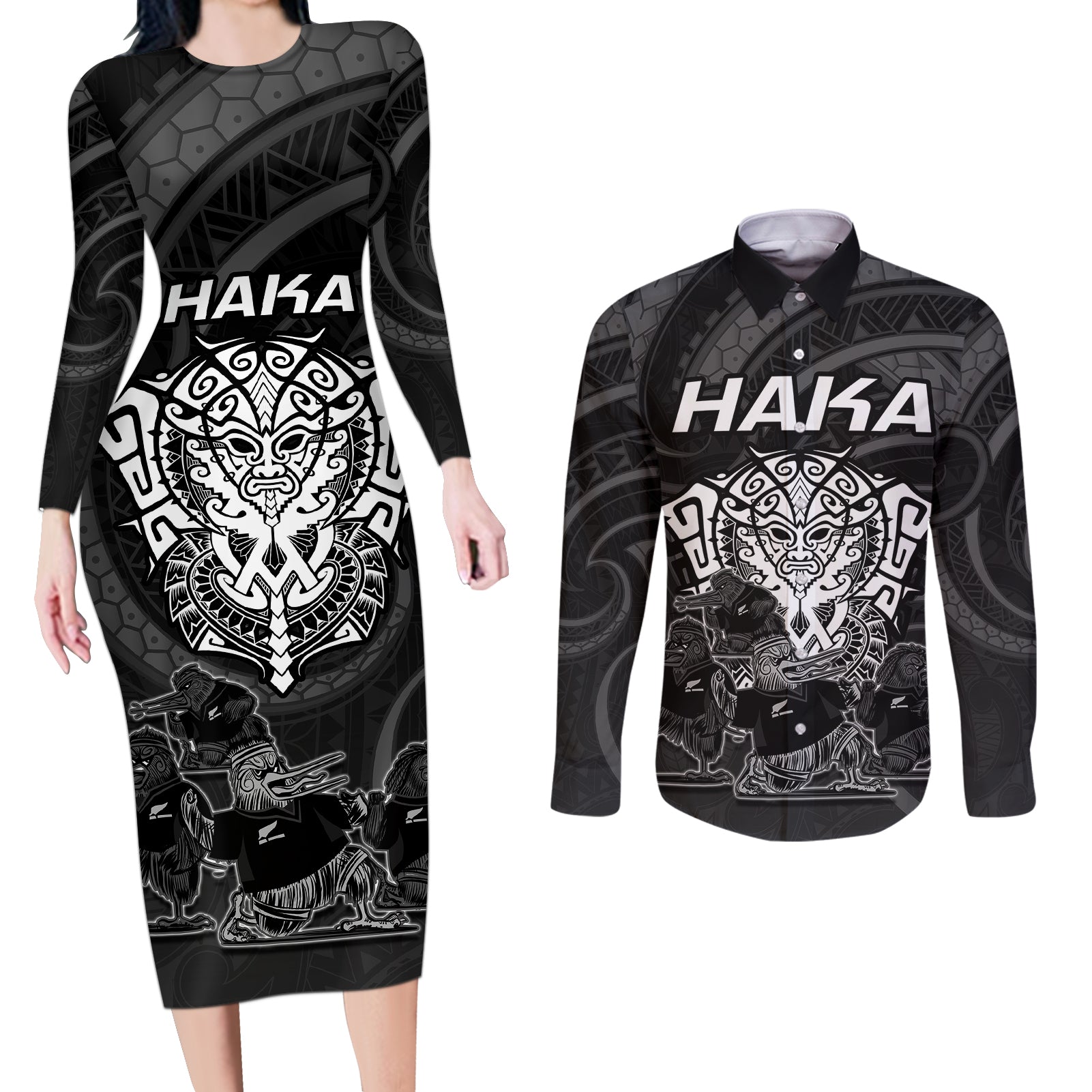 personalised-new-zealand-rugby-couples-matching-long-sleeve-bodycon-dress-and-long-sleeve-button-shirts-aotearoa-ka-mate-haka-all-black-mix-ta-moko-white-style