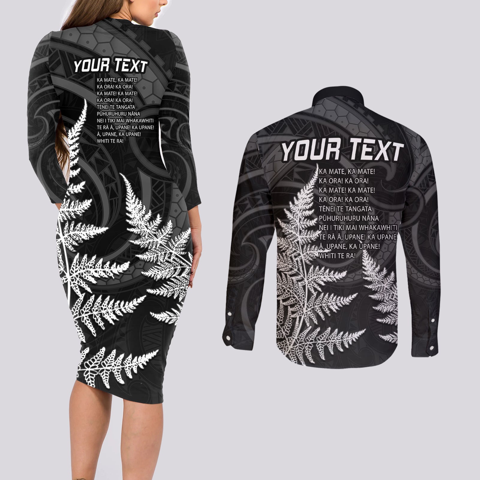 personalised-new-zealand-rugby-couples-matching-long-sleeve-bodycon-dress-and-long-sleeve-button-shirts-aotearoa-ka-mate-haka-all-black-mix-ta-moko-white-style