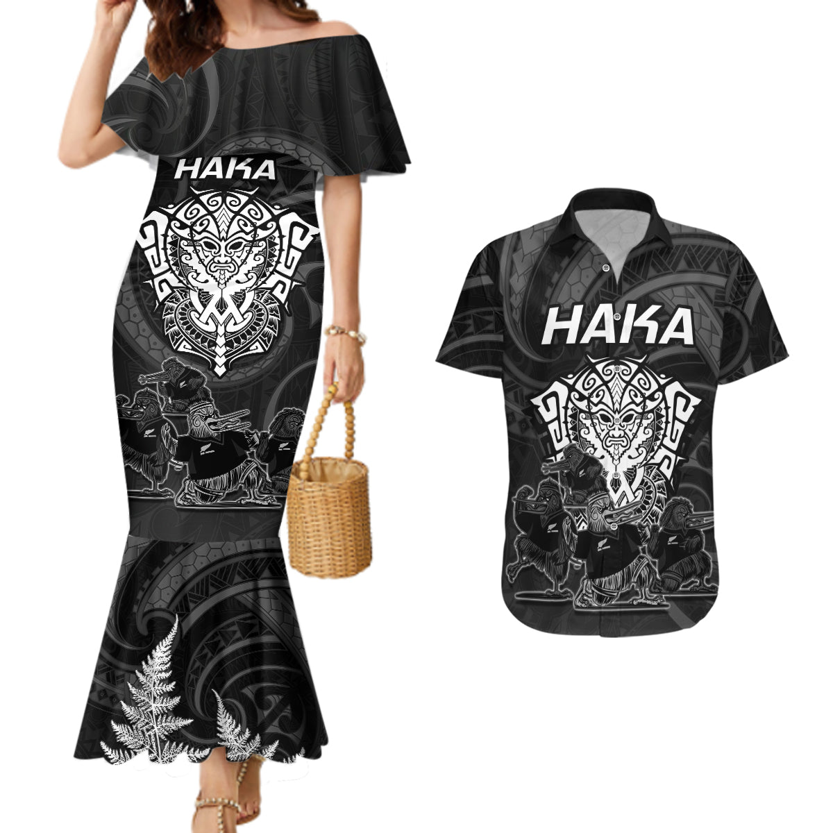 personalised-new-zealand-rugby-couples-matching-mermaid-dress-and-hawaiian-shirt-aotearoa-ka-mate-haka-all-black-mix-ta-moko-white-style