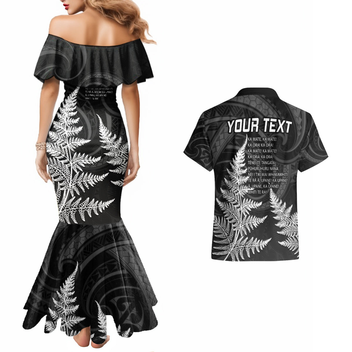 personalised-new-zealand-rugby-couples-matching-mermaid-dress-and-hawaiian-shirt-aotearoa-ka-mate-haka-all-black-mix-ta-moko-white-style