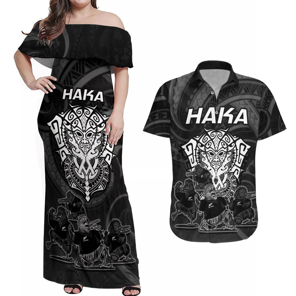 personalised-new-zealand-rugby-couples-matching-off-shoulder-maxi-dress-and-hawaiian-shirt-aotearoa-ka-mate-haka-all-black-mix-ta-moko-white-style