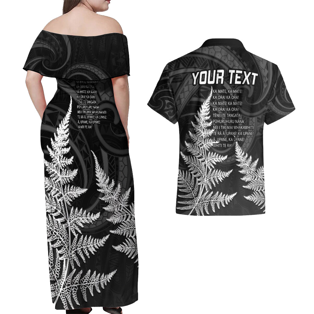 personalised-new-zealand-rugby-couples-matching-off-shoulder-maxi-dress-and-hawaiian-shirt-aotearoa-ka-mate-haka-all-black-mix-ta-moko-white-style
