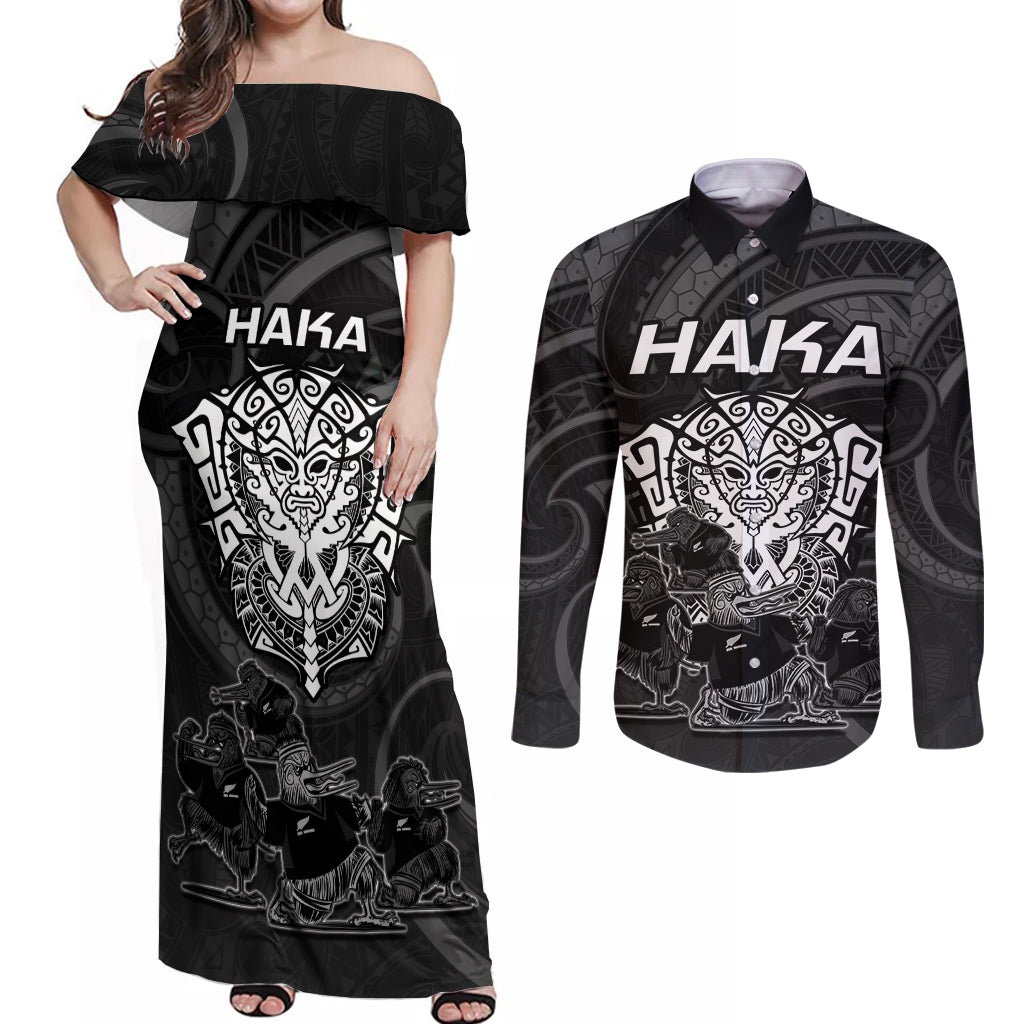 personalised-new-zealand-rugby-couples-matching-off-shoulder-maxi-dress-and-long-sleeve-button-shirts-aotearoa-ka-mate-haka-all-black-mix-ta-moko-white-style