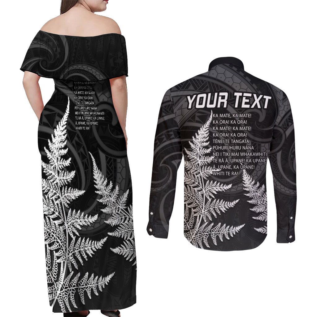 personalised-new-zealand-rugby-couples-matching-off-shoulder-maxi-dress-and-long-sleeve-button-shirts-aotearoa-ka-mate-haka-all-black-mix-ta-moko-white-style