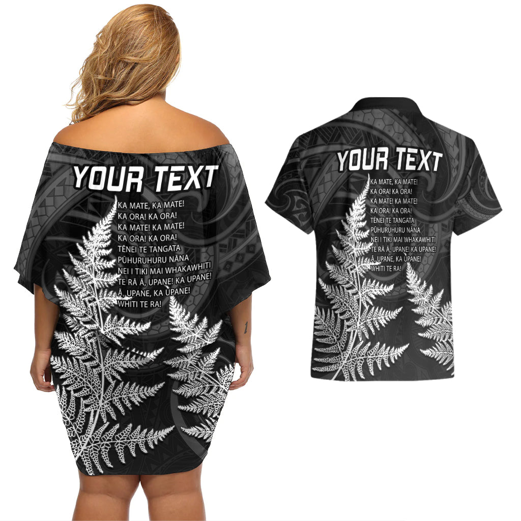 personalised-new-zealand-rugby-couples-matching-off-shoulder-short-dress-and-hawaiian-shirt-aotearoa-ka-mate-haka-all-black-mix-ta-moko-white-style