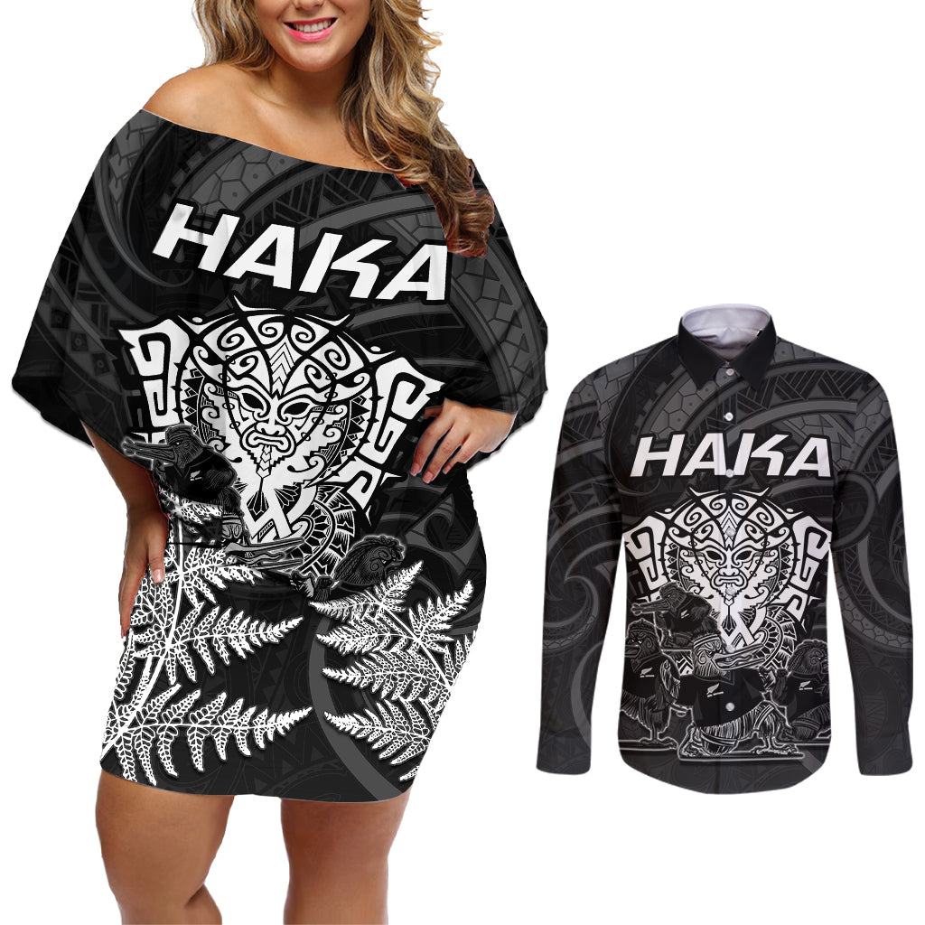 personalised-new-zealand-rugby-couples-matching-off-shoulder-short-dress-and-long-sleeve-button-shirts-aotearoa-ka-mate-haka-all-black-mix-ta-moko-white-style