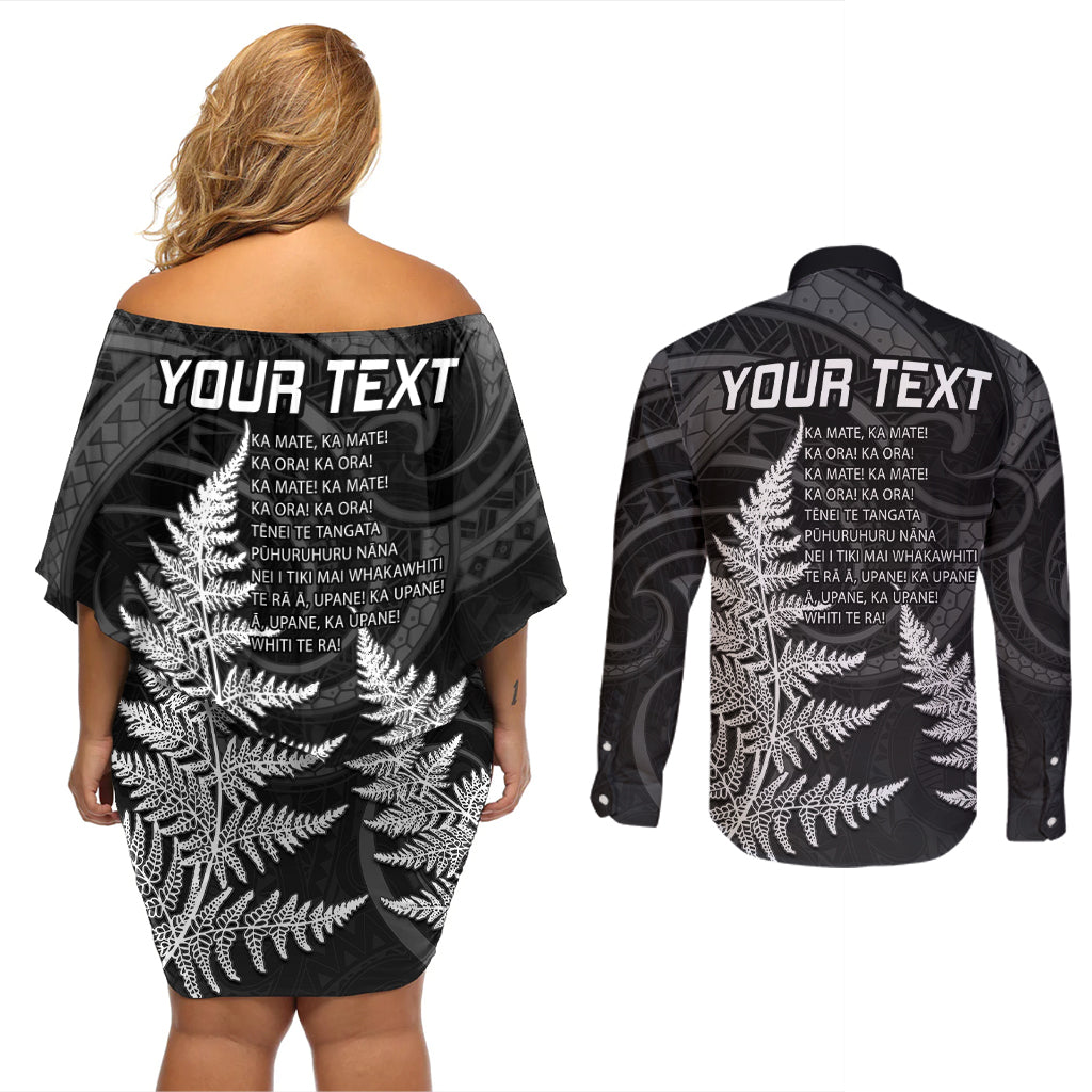 personalised-new-zealand-rugby-couples-matching-off-shoulder-short-dress-and-long-sleeve-button-shirts-aotearoa-ka-mate-haka-all-black-mix-ta-moko-white-style