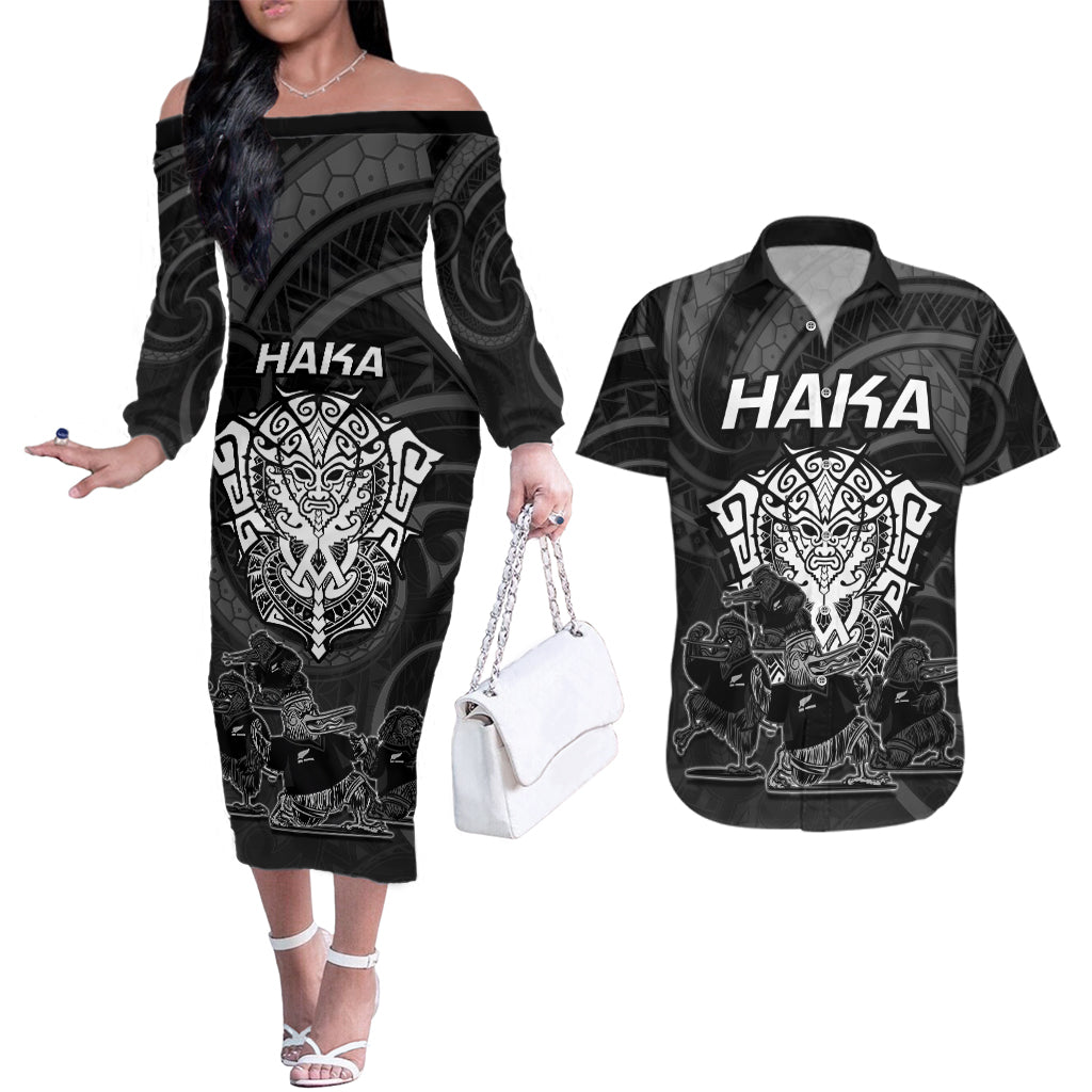 personalised-new-zealand-rugby-couples-matching-off-the-shoulder-long-sleeve-dress-and-hawaiian-shirt-aotearoa-ka-mate-haka-all-black-mix-ta-moko-white-style