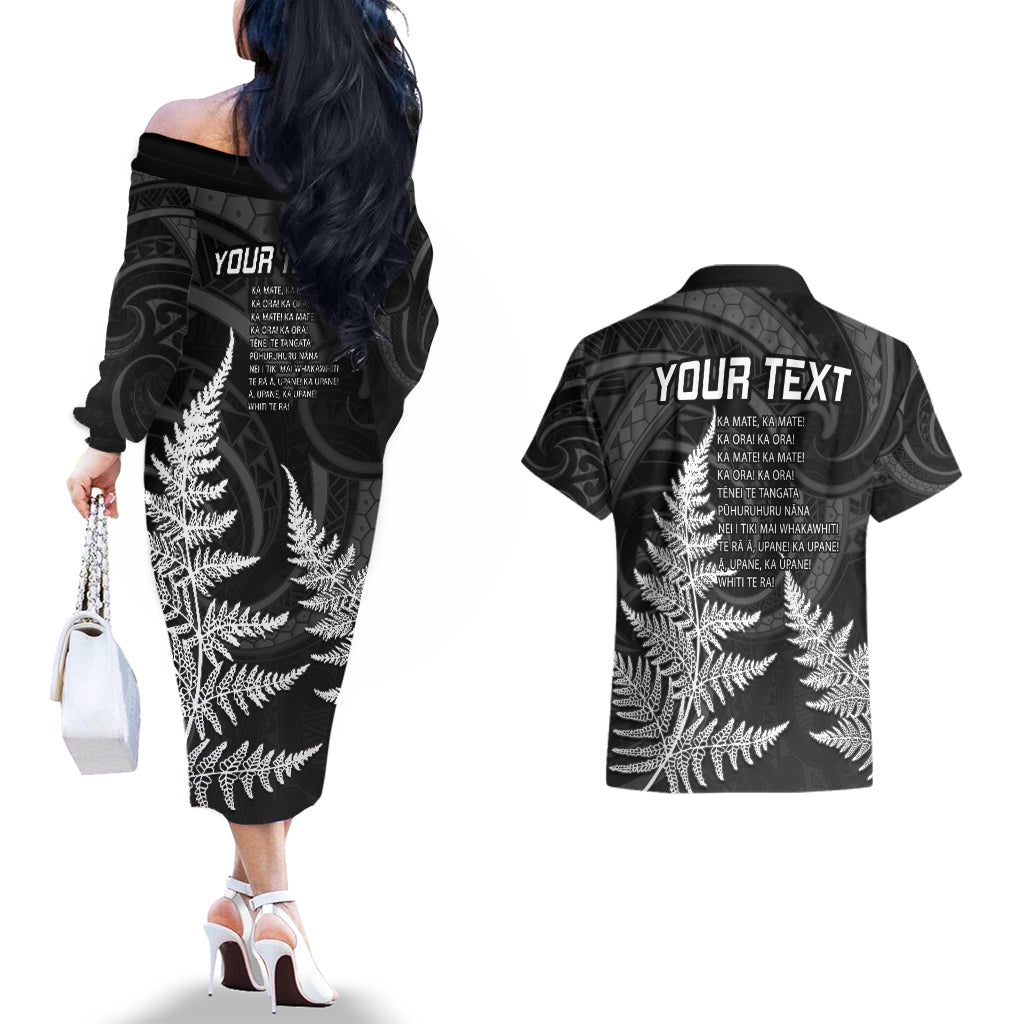 personalised-new-zealand-rugby-couples-matching-off-the-shoulder-long-sleeve-dress-and-hawaiian-shirt-aotearoa-ka-mate-haka-all-black-mix-ta-moko-white-style