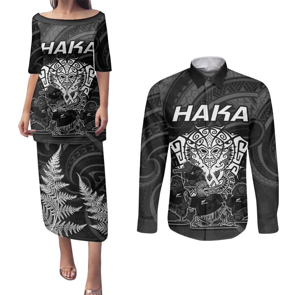 personalised-new-zealand-rugby-couples-matching-puletasi-dress-and-long-sleeve-button-shirts-aotearoa-ka-mate-haka-all-black-mix-ta-moko-white-style