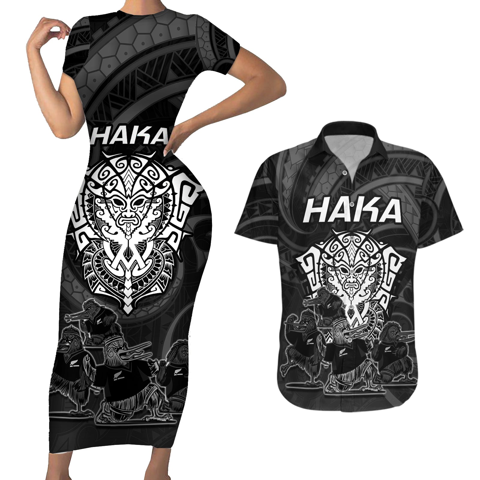 personalised-new-zealand-rugby-couples-matching-short-sleeve-bodycon-dress-and-hawaiian-shirt-aotearoa-ka-mate-haka-all-black-mix-ta-moko-white-style