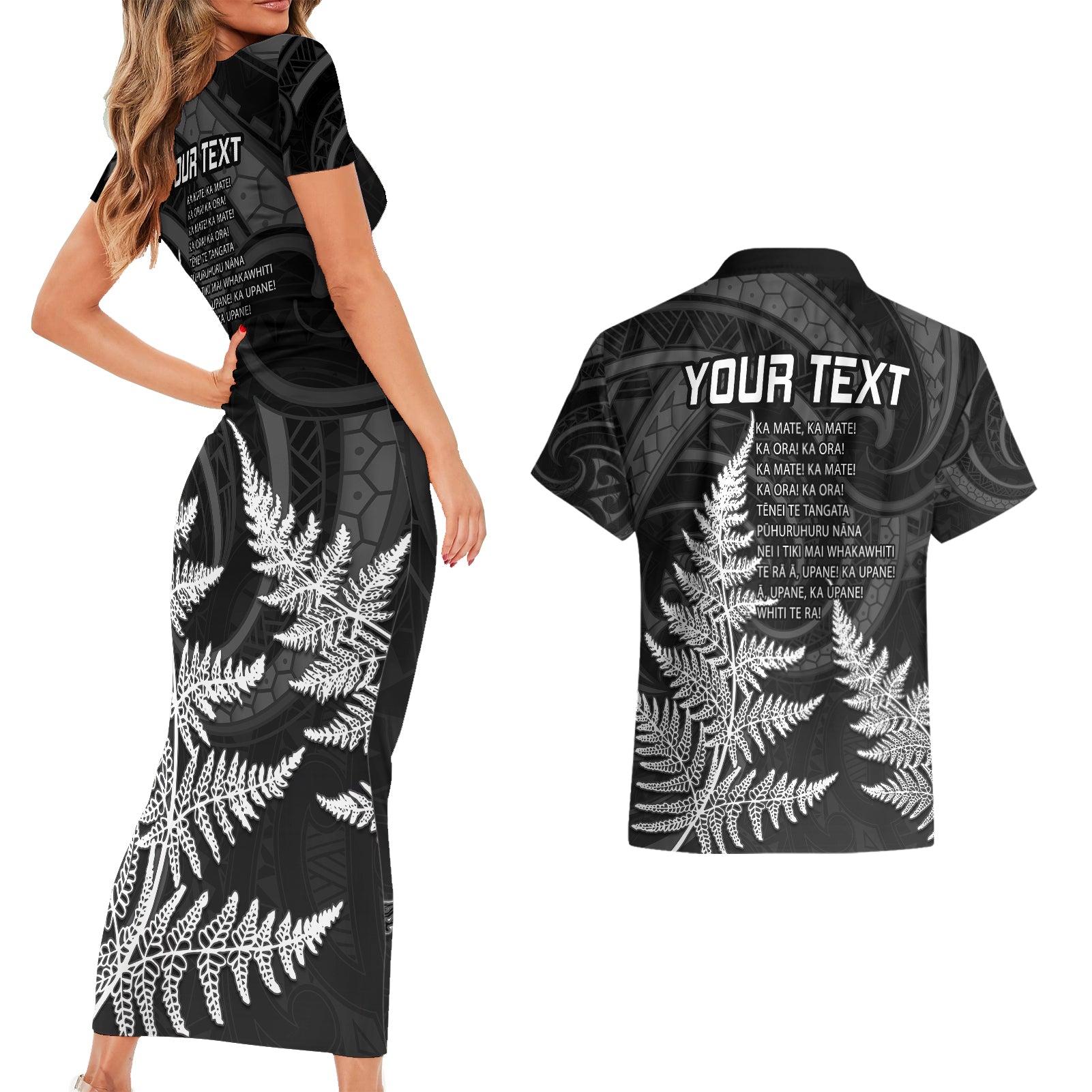 personalised-new-zealand-rugby-couples-matching-short-sleeve-bodycon-dress-and-hawaiian-shirt-aotearoa-ka-mate-haka-all-black-mix-ta-moko-white-style