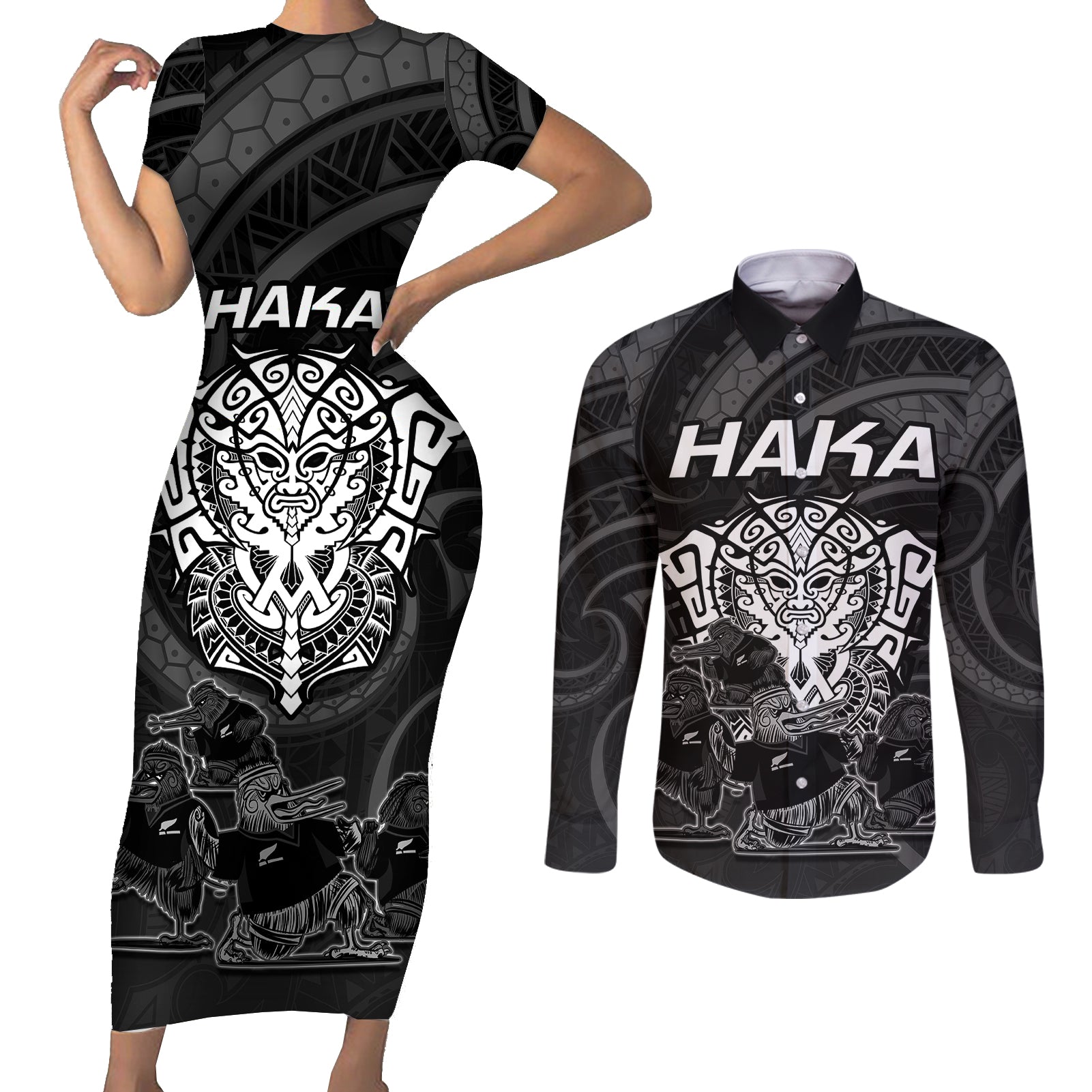 personalised-new-zealand-rugby-couples-matching-short-sleeve-bodycon-dress-and-long-sleeve-button-shirts-aotearoa-ka-mate-haka-all-black-mix-ta-moko-white-style