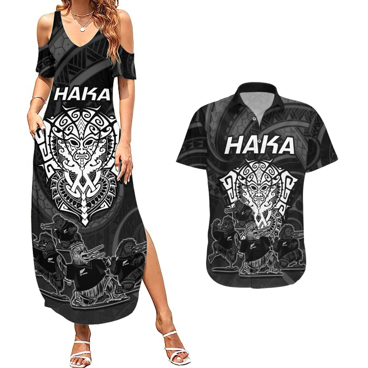personalised-new-zealand-rugby-couples-matching-summer-maxi-dress-and-hawaiian-shirt-aotearoa-ka-mate-haka-all-black-mix-ta-moko-white-style