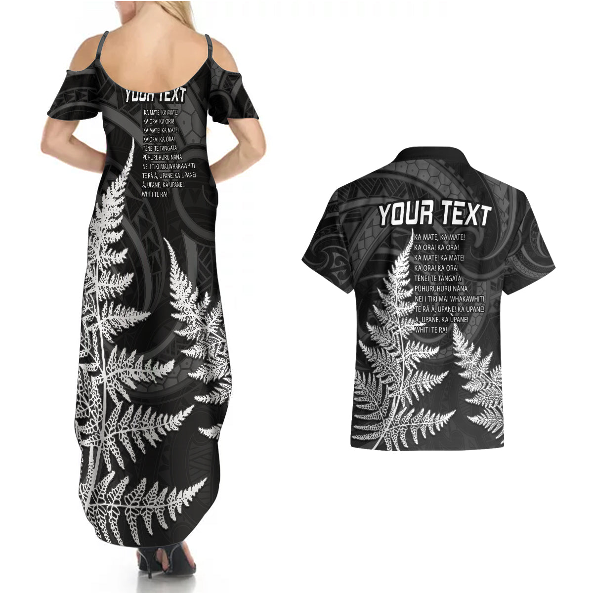 personalised-new-zealand-rugby-couples-matching-summer-maxi-dress-and-hawaiian-shirt-aotearoa-ka-mate-haka-all-black-mix-ta-moko-white-style