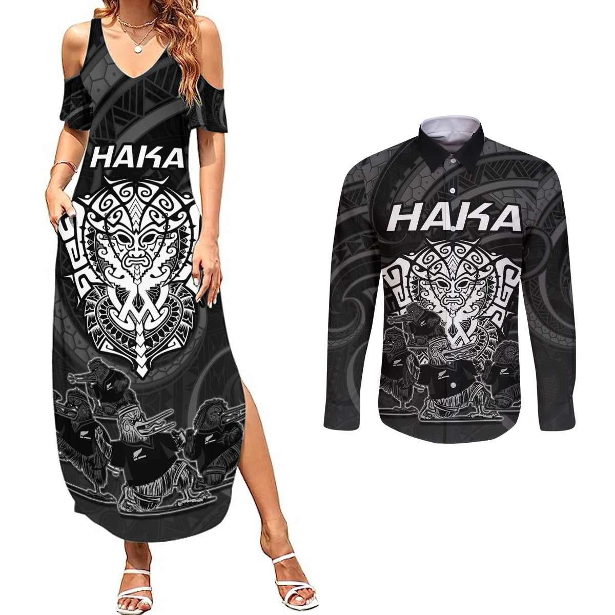 personalised-new-zealand-rugby-couples-matching-summer-maxi-dress-and-long-sleeve-button-shirts-aotearoa-ka-mate-haka-all-black-mix-ta-moko-white-style