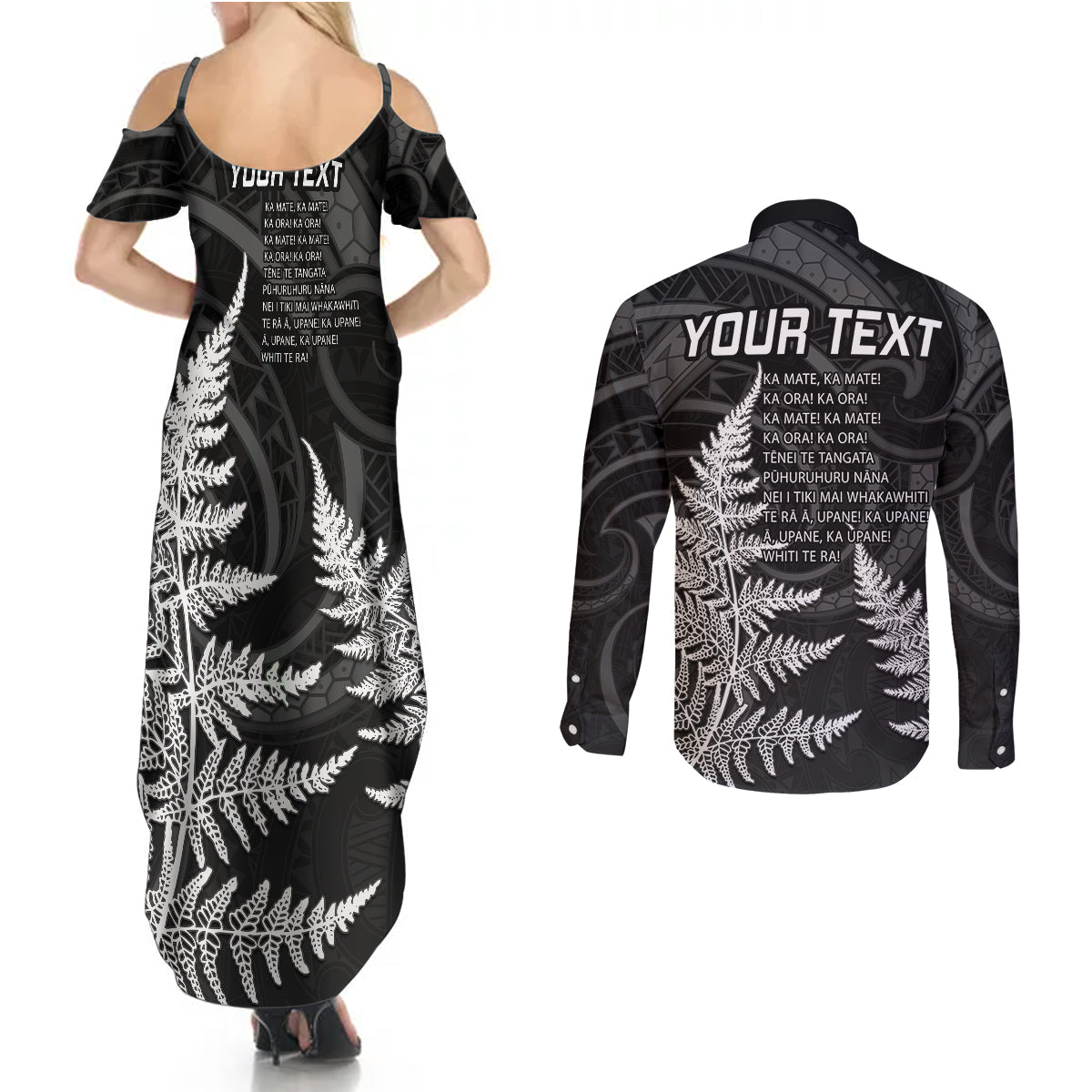 personalised-new-zealand-rugby-couples-matching-summer-maxi-dress-and-long-sleeve-button-shirts-aotearoa-ka-mate-haka-all-black-mix-ta-moko-white-style
