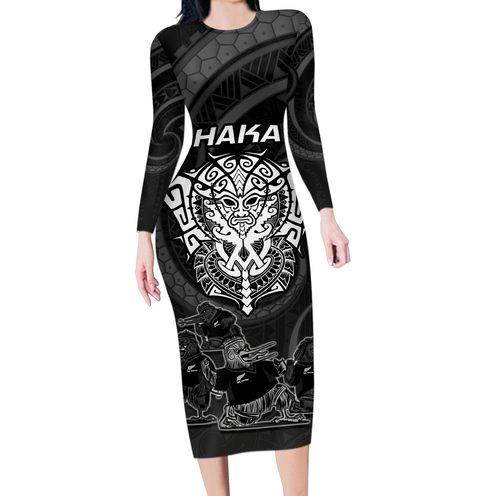 personalised-new-zealand-rugby-long-sleeve-bodycon-dress-aotearoa-ka-mate-haka-all-black-mix-ta-moko-white-style