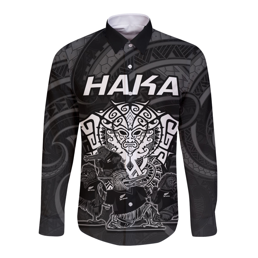Personalised New Zealand Rugby Long Sleeve Button Shirt Aotearoa Ka Mate Haka All Black Mix Ta Moko White Style - Vibe Hoodie Shop