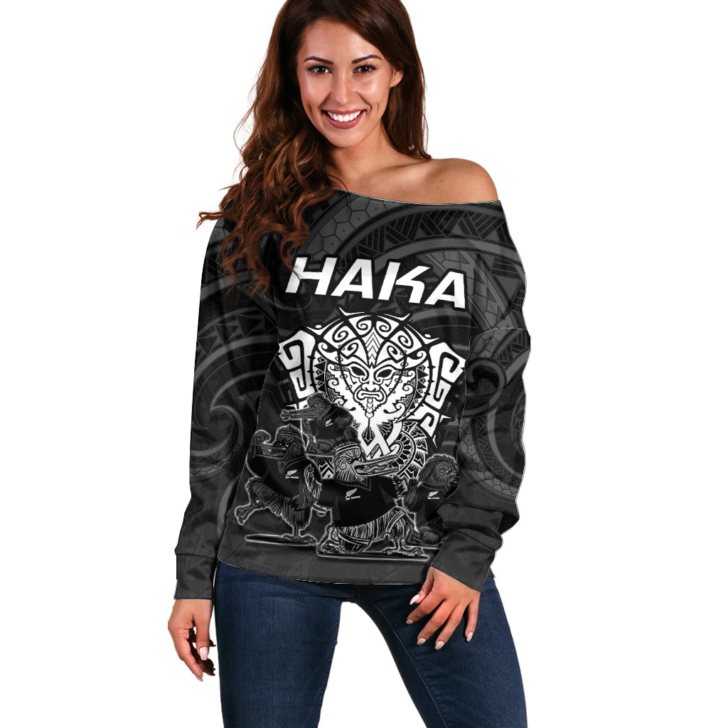 Personalised New Zealand Rugby Off Shoulder Sweater Aotearoa Ka Mate Haka All Black Mix Ta Moko White Style - Vibe Hoodie Shop