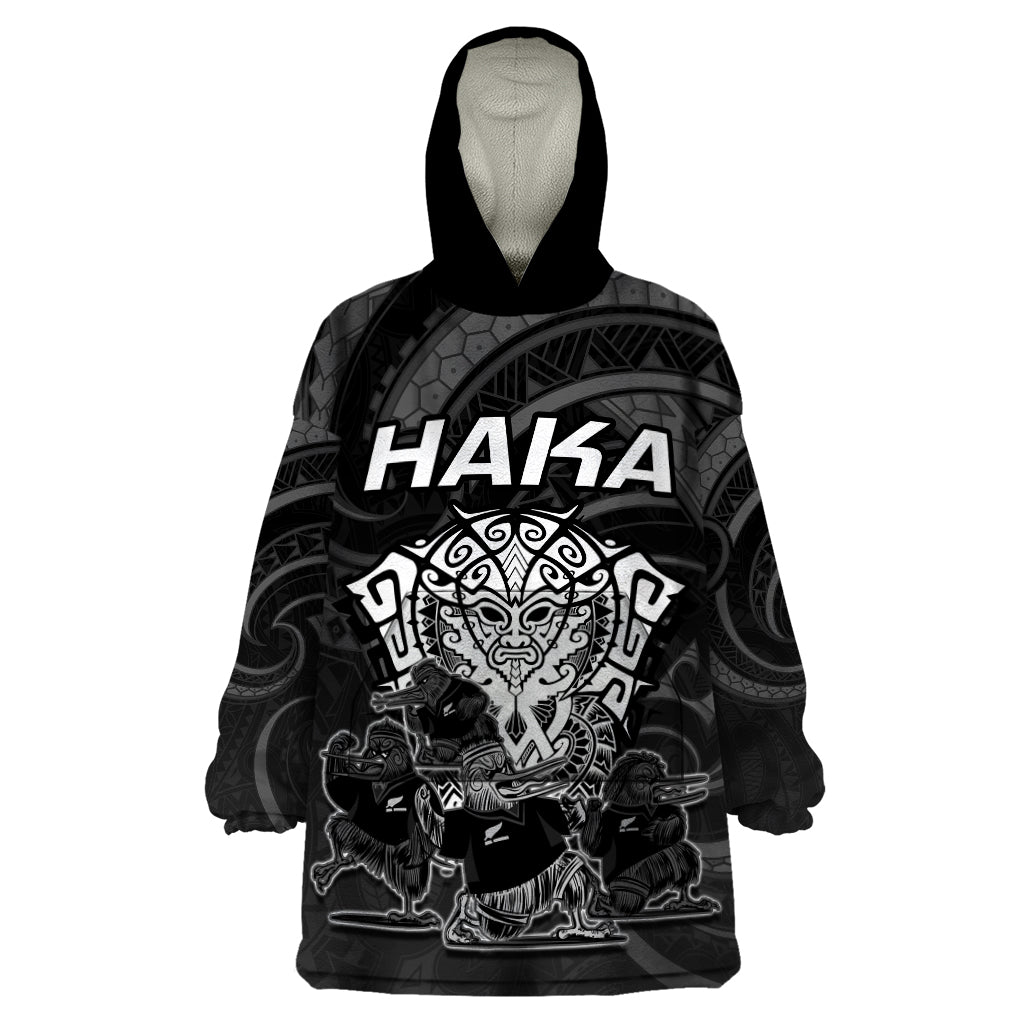 Personalised New Zealand Rugby Wearable Blanket Hoodie Aotearoa Ka Mate Haka All Black Mix Ta Moko White Style - Vibe Hoodie Shop