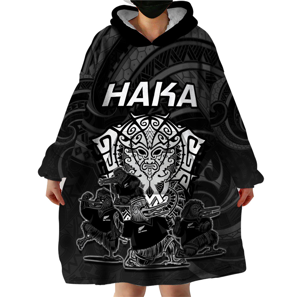 Personalised New Zealand Rugby Wearable Blanket Hoodie Aotearoa Ka Mate Haka All Black Mix Ta Moko White Style - Vibe Hoodie Shop