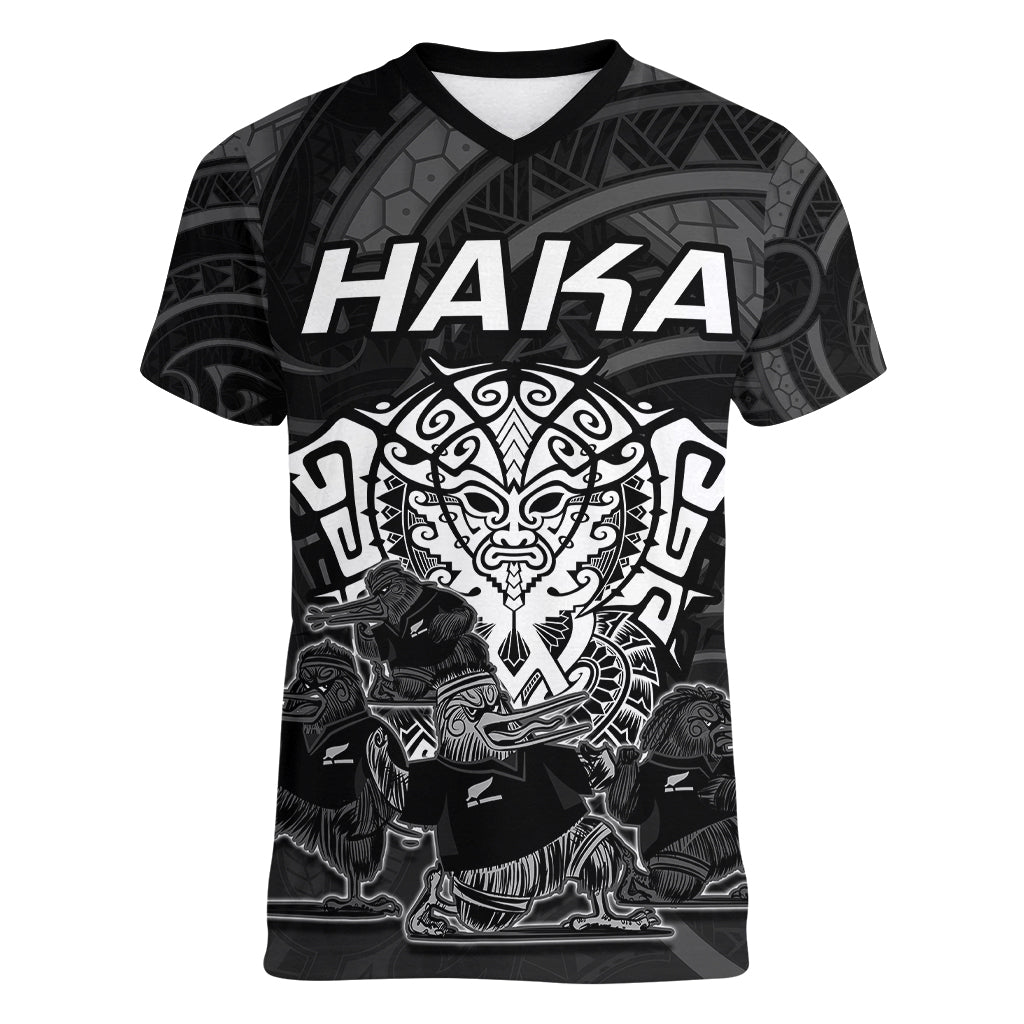 Personalised New Zealand Rugby Women V Neck T Shirt Aotearoa Ka Mate Haka All Black Mix Ta Moko White Style - Vibe Hoodie Shop