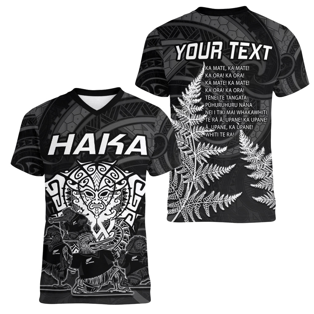 Personalised New Zealand Rugby Women V Neck T Shirt Aotearoa Ka Mate Haka All Black Mix Ta Moko White Style - Vibe Hoodie Shop