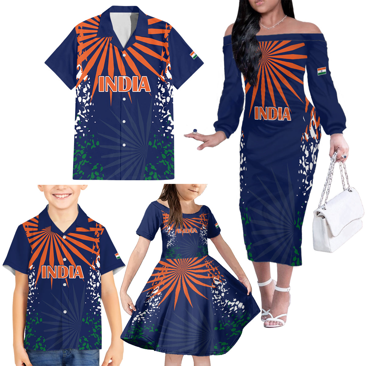 custom-india-cricket-2023-family-matching-off-shoulder-long-sleeve-dress-and-hawaiian-shirt-bharat-simple-flag-style