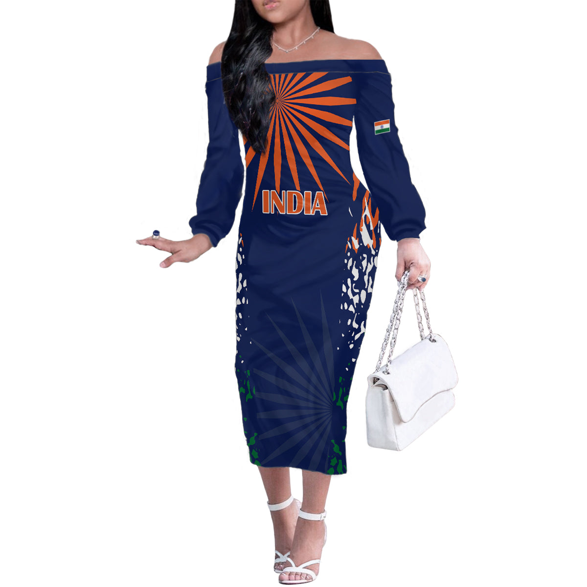 custom-india-cricket-2023-family-matching-off-shoulder-long-sleeve-dress-and-hawaiian-shirt-bharat-simple-flag-style