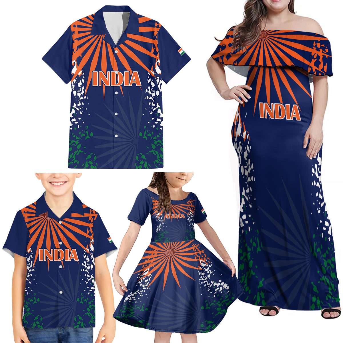 custom-india-cricket-2023-family-matching-off-shoulder-maxi-dress-and-hawaiian-shirt-bharat-simple-flag-style