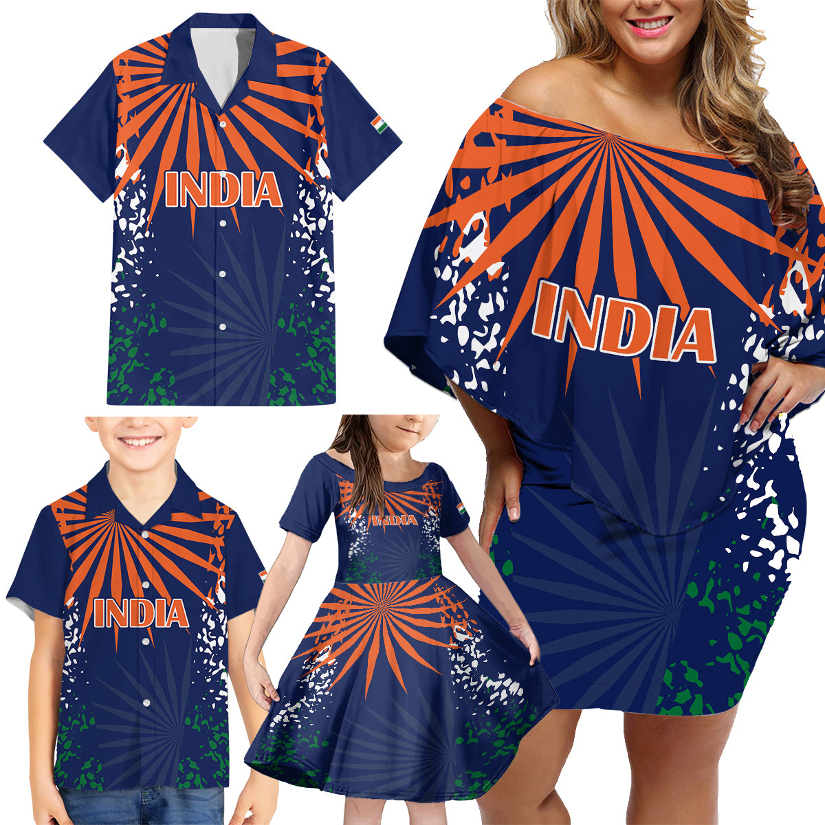 custom-india-cricket-2023-family-matching-off-shoulder-short-dress-and-hawaiian-shirt-bharat-simple-flag-style