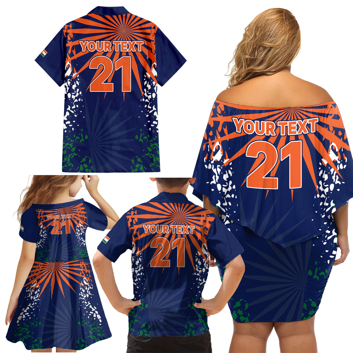 custom-india-cricket-2023-family-matching-off-shoulder-short-dress-and-hawaiian-shirt-bharat-simple-flag-style