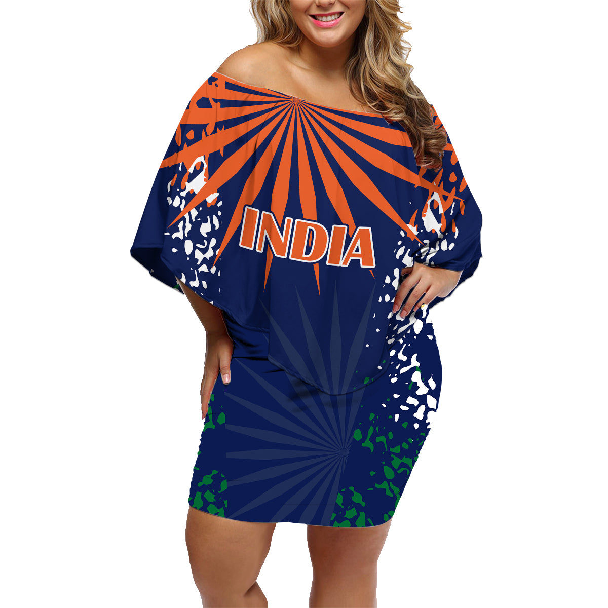 custom-india-cricket-2023-family-matching-off-shoulder-short-dress-and-hawaiian-shirt-bharat-simple-flag-style